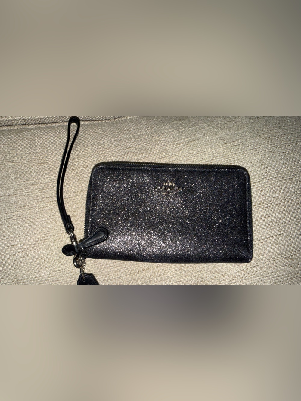 Coach Black Glitter Zip Wristlet with Silver Hardware